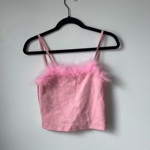 Dolls Kill Pink Feather Trim Spaghetti Strap Tank Top
